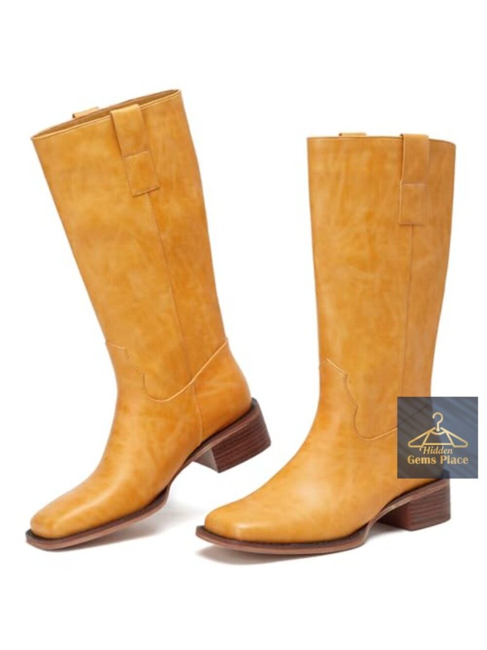 Women Mid Calf Pull On Suede Boots Chunky Block Heels Square Toe Western